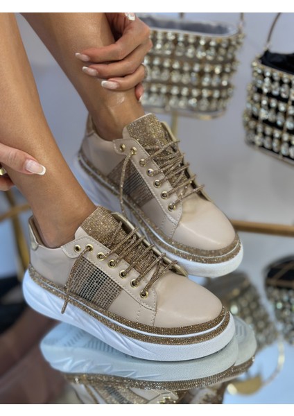 Pille Kristal Taşlı Özel Tasarım Spor Ayakkabı Vizon modelleri