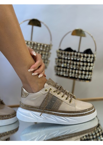 Pille Kristal Taşlı Özel Tasarım Spor Ayakkabı Vizon fırsatları