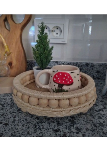Ahşap Hasır Dekoratif Sepet Mutfak Sunumluk Tepsi Modeli Çap 21CM