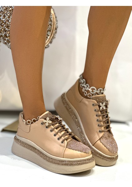 Asel Kristal Taşlı Özel Tasarım Spor Ayakkabı Bej