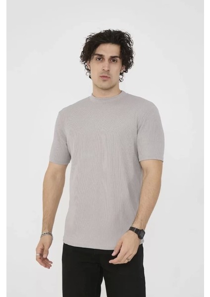 Unisex Bisiklet Yaka Slim Fit T-Shirt- Taş