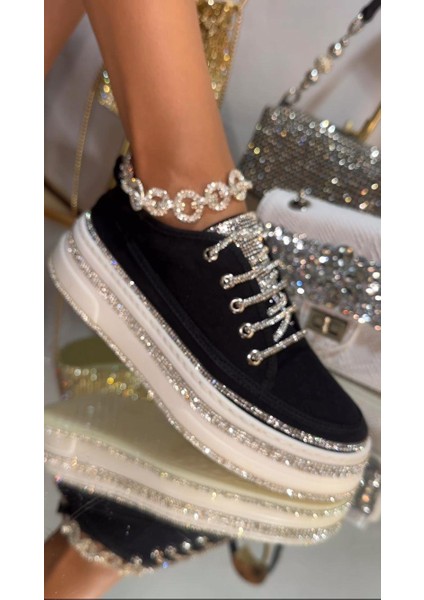 Find Kristal Taşlı Keten Spor Ayakkabı Siyah