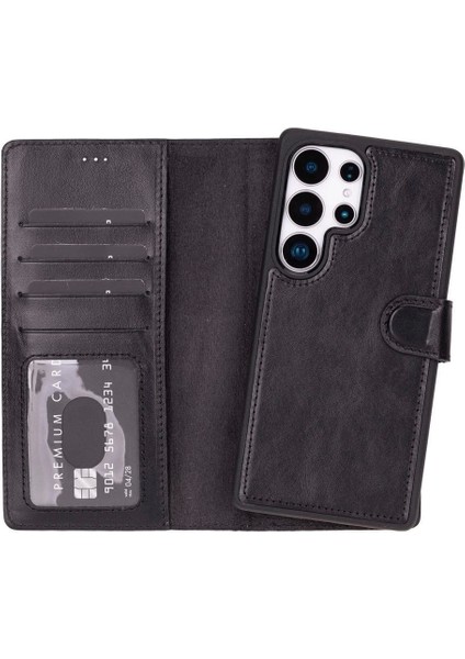 Samsung Galaxy S25 Ultra Uyumlu, Hakiki Deri, El Yapımı, Cüzdanlı Kılıf, Parlak Siyah fiyatları
