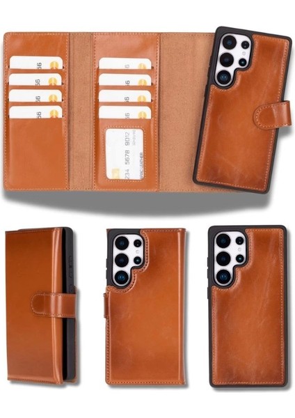 Samsung Galaxy S25 Ultra Uyumlu, Hakiki Deri, El Yapımı, Cüzdanlı Kılıf, Gölgeli Taba