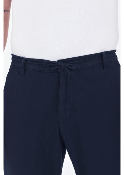 Theseason Erkek Lacivert Pamuklu Keten Görünümlü Beli Bağcıklı Relaxed Fit Yazlık Chino Pantolon