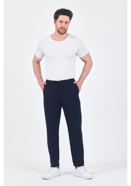 Theseason Erkek Lacivert Pamuklu Keten Görünümlü Beli Bağcıklı Relaxed Fit Yazlık Chino Pantolon