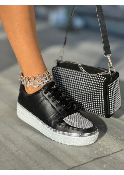 Litra Kristal Taşlı Spor Ayakkabı Siyah Beyaz