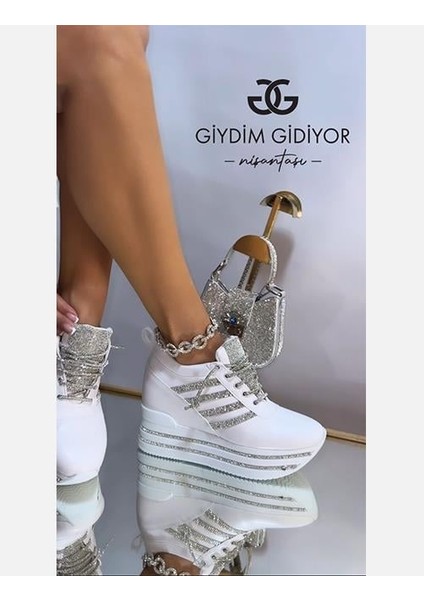 Santio Extreme Kristal Taşlı Gizli Topuk Spor Ayakkabı Beyaz
