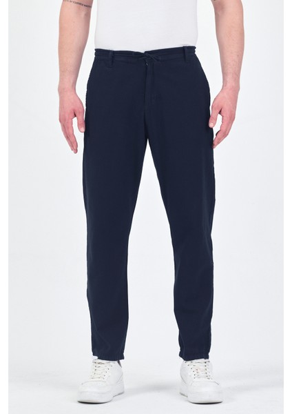 Theseason Erkek Lacivert Pamuklu Keten Görünümlü Beli Bağcıklı Relaxed Fit Yazlık Chino Pantolon