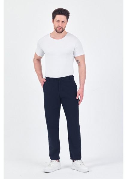 Theseason Erkek Lacivert Pamuklu Keten Görünümlü Beli Bağcıklı Relaxed Fit Yazlık Chino Pantolon