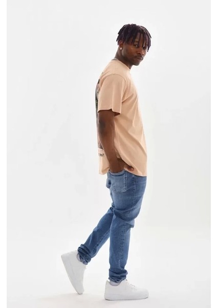 Unisex Baskılı Oversize T-Shirt - Bej modelleri