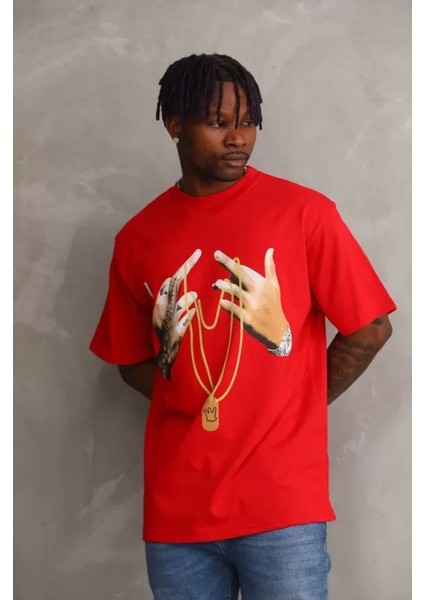 Unisex Baskılı Oversize T-Shirt - Kırmızı modelleri