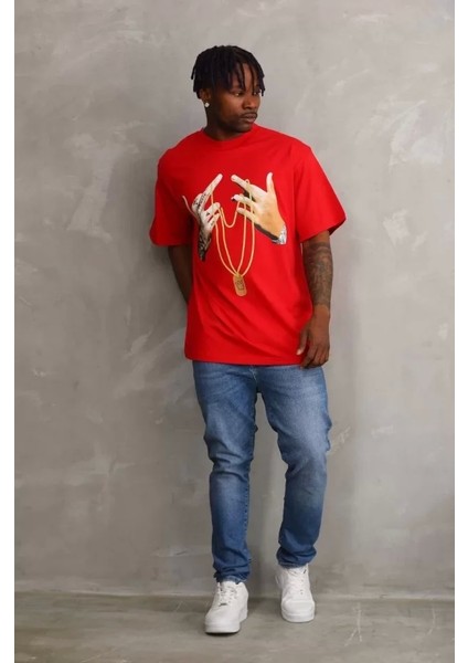 Unisex Baskılı Oversize T-Shirt - Kırmızı fırsatları