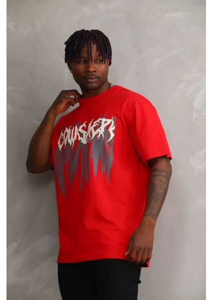 Unisex Baskılı Oversize T-Shirt - Kırmızı