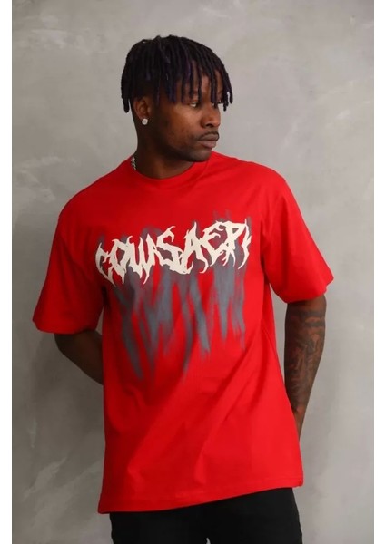 Unisex Baskılı Oversize T-Shirt - Kırmızı fırsatları