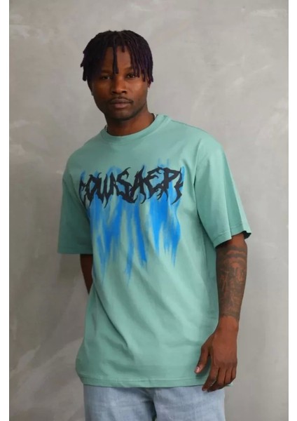 Unisex Baskılı Oversize T-Shirt - Mint Yeşili