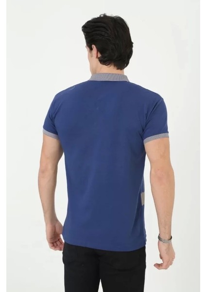 Erkek Yakalı Slim Fit Baskılı T-Shirt - Mavi fiyatları
