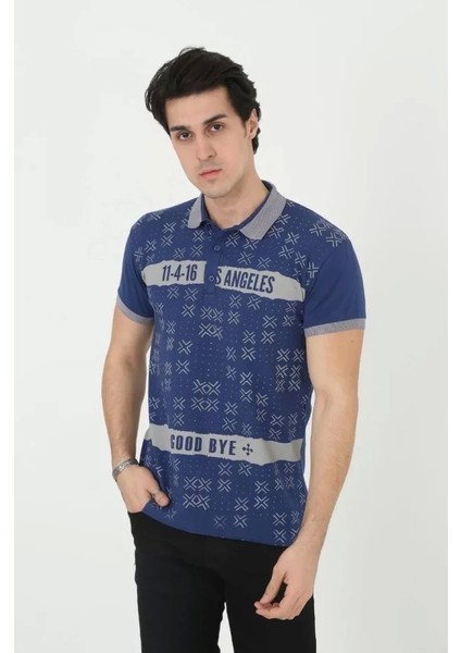 Erkek Yakalı Slim Fit Baskılı T-Shirt - Mavi modelleri