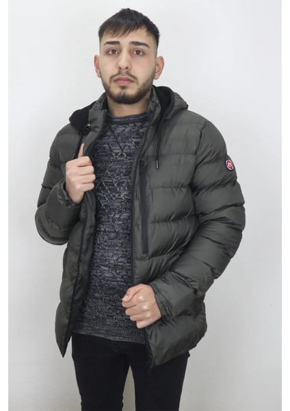 Fistan Store Erkek Hakim Yaka Spor Kesim Normal Kalıp Kapüşonlu Kışlık Şişme Mont