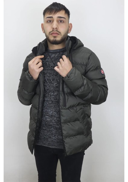 Fistan Store Erkek Hakim Yaka Spor Kesim Normal Kalıp Kapüşonlu Kışlık Şişme Mont