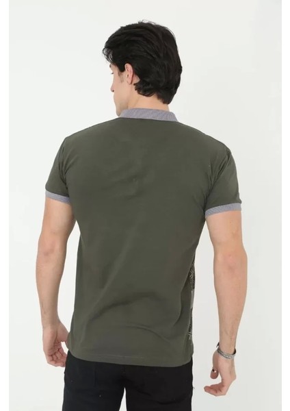 Erkek Yakalı Slim Fit Baskılı T-Shirt - Haki fiyatları