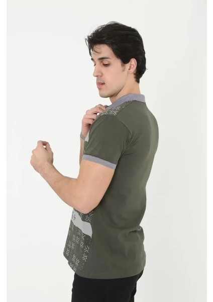 Erkek Yakalı Slim Fit Baskılı T-Shirt - Haki modelleri