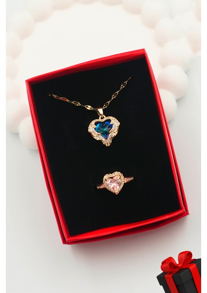 Kadın Paslanmaz Çelik Kalp Model Gold Zirkon Taşlı Kolye ve Yüzük (Kutulu)