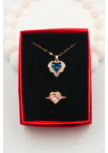 Kadın Paslanmaz Çelik Kalp Model Gold Zirkon Taşlı Kolye ve Yüzük (Kutulu) fiyatları