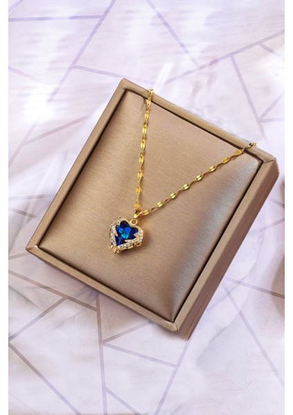 Kadın Paslanmaz Çelik Kalp Model Gold Zirkon Taşlı Kolye ve Yüzük (Kutulu) modelleri