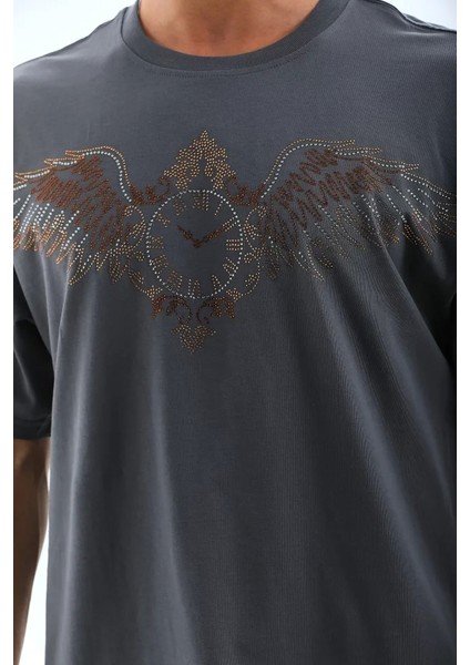 Unisex Oversize Taşlı Bisiklet Yaka T-Shirt - Füme