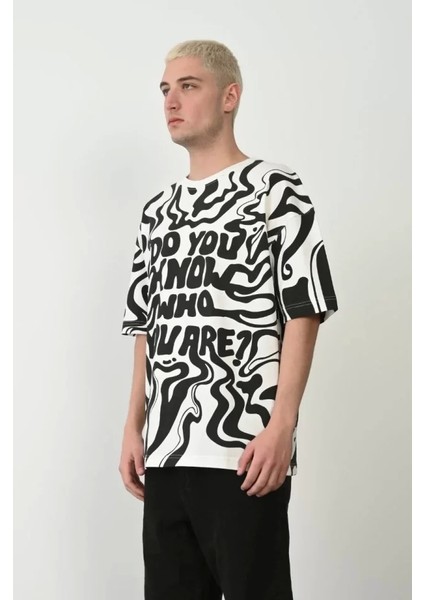 Unisex Baskılı Bisiklet Yaka Oversize T-Shirt - Beyaz