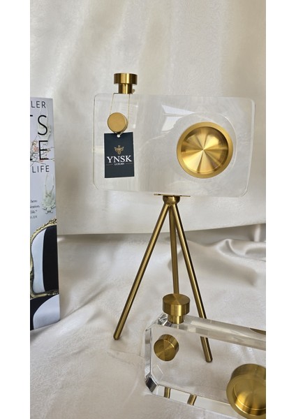 Tripot Ayaklı Kristal Cam Fotoğraf Makinesi Dekoratif Obje - Büyük Boy