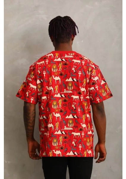 Unisex Oversize Baskılı Bisiklet Yaka T-Shirt - Kırmızı fiyatları