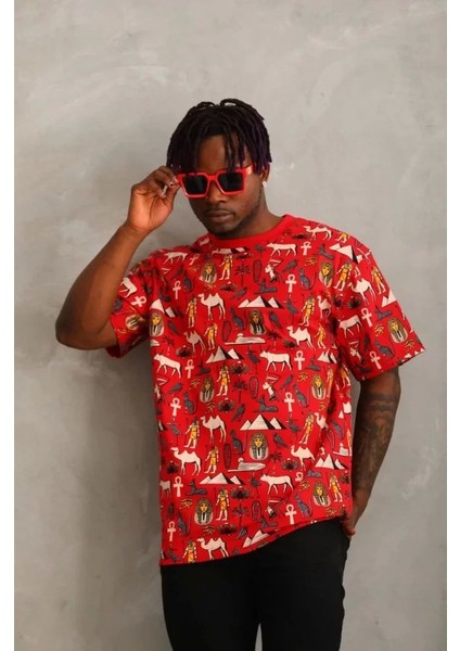 Unisex Oversize Baskılı Bisiklet Yaka T-Shirt - Kırmızı fırsatları