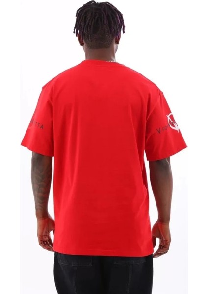 Unisex Oversize Baskılı Bisiklet Yaka T-Shirt - Kırmızı fırsatları