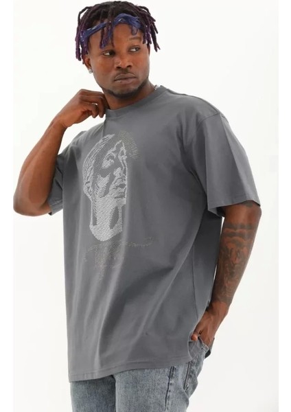 Unisex Oversize Taşlı Bisiklet Yaka T-Shirt - Füme