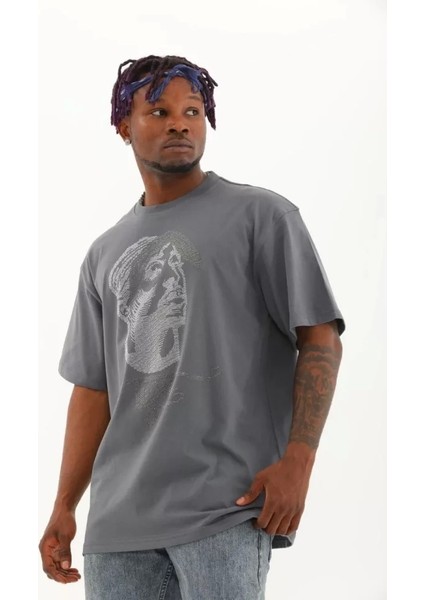 Unisex Oversize Taşlı Bisiklet Yaka T-Shirt - Füme modelleri