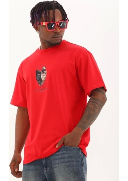 Unisex Oversize Baskılı Bisiklet Yaka T-Shirt - Kırmızı modelleri