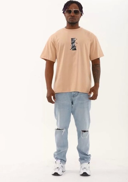 Unisex Oversize Baskılı Bisiklet Yaka T-Shirt - Bej modelleri