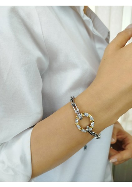 Gümüş Renkli Parlak Zirkon Taşlı Geometrik Halkalı Şık ve Zarif Çelik Kadın Bileklik fiyatları