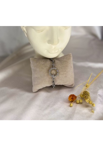 Gümüş Renkli Parlak Zirkon Taşlı Geometrik Halkalı Şık ve Zarif Çelik Kadın Bileklik fırsatları