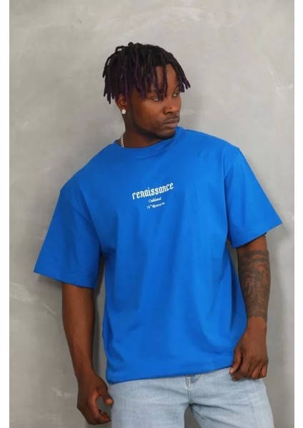 Unisex Oversize Baskılı Bisiklet Yaka T-Shirt - Mavi fiyatları