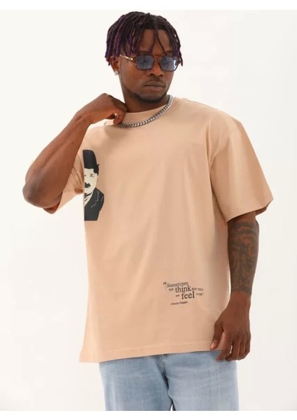 Unisex Oversize Baskılı Bisiklet Yaka T-Shirt - Bej fiyatları