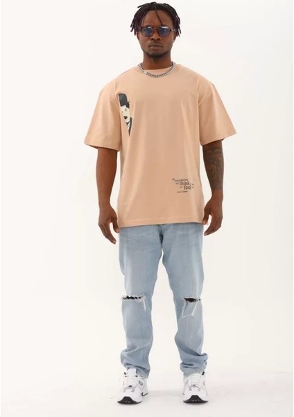Unisex Oversize Baskılı Bisiklet Yaka T-Shirt - Bej fırsatları
