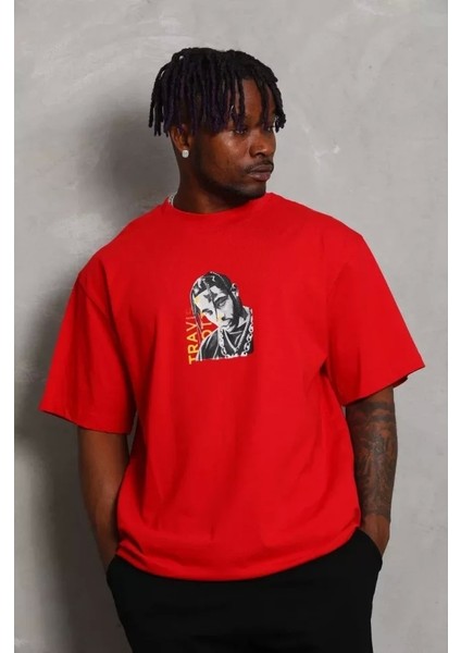 Unisex Oversize Baskılı Bisiklet Yaka T-Shirt - Kırmızı