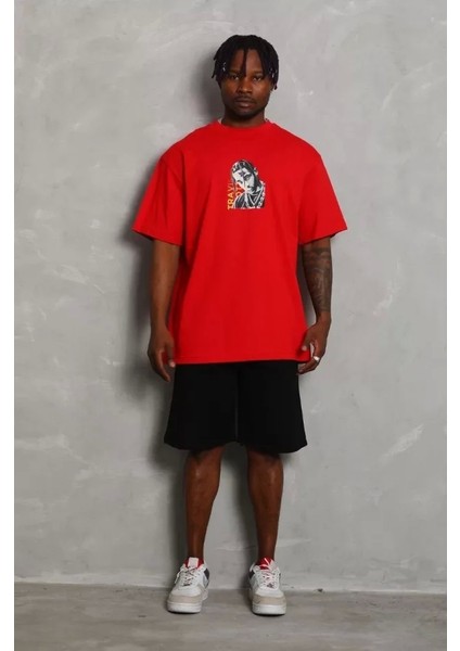 Unisex Oversize Baskılı Bisiklet Yaka T-Shirt - Kırmızı modelleri