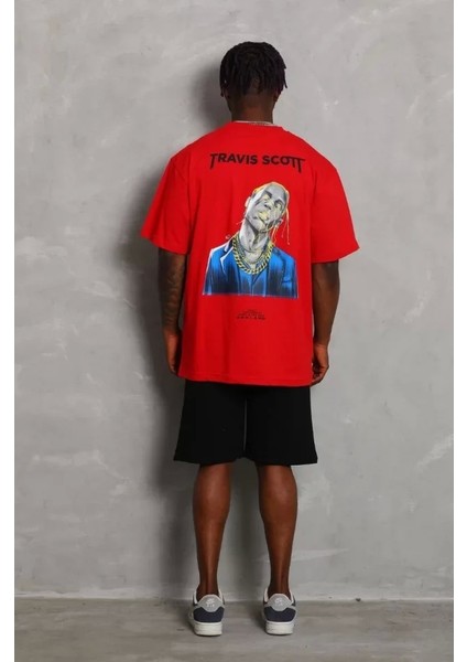 Unisex Oversize Baskılı Bisiklet Yaka T-Shirt - Kırmızı fırsatları