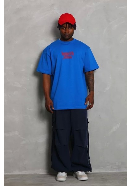 Unisex Oversize Baskılı Bisiklet Yaka T-Shirt - Mavi fiyatları