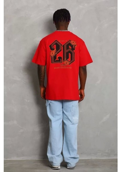 Unisex Oversize Baskılı Bisiklet Yaka T-Shirt - Kırmızı