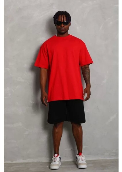 Unisex Oversize Düz Bisiklet Yaka T-Shirt - Kırmızı